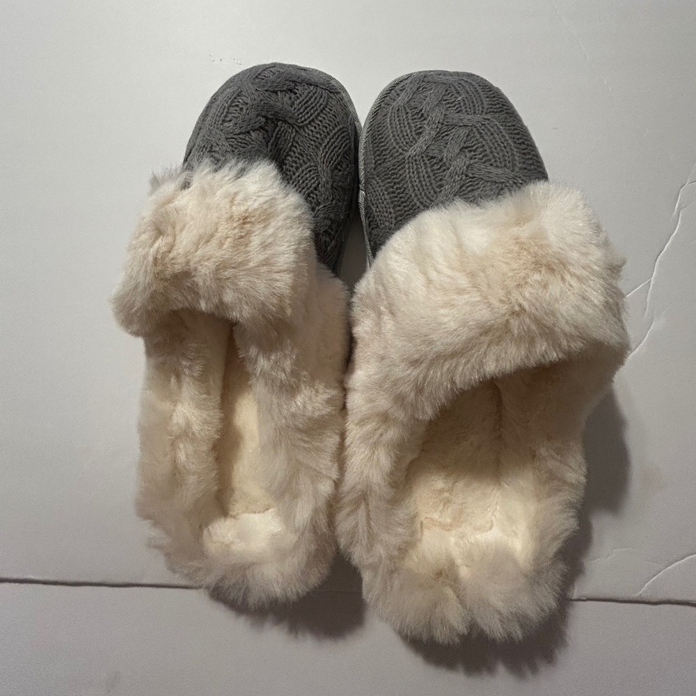 Wanna B Women Cable Knit Faux Fur Lined Slippers Dark Grey SL-0020 Size L 43-44